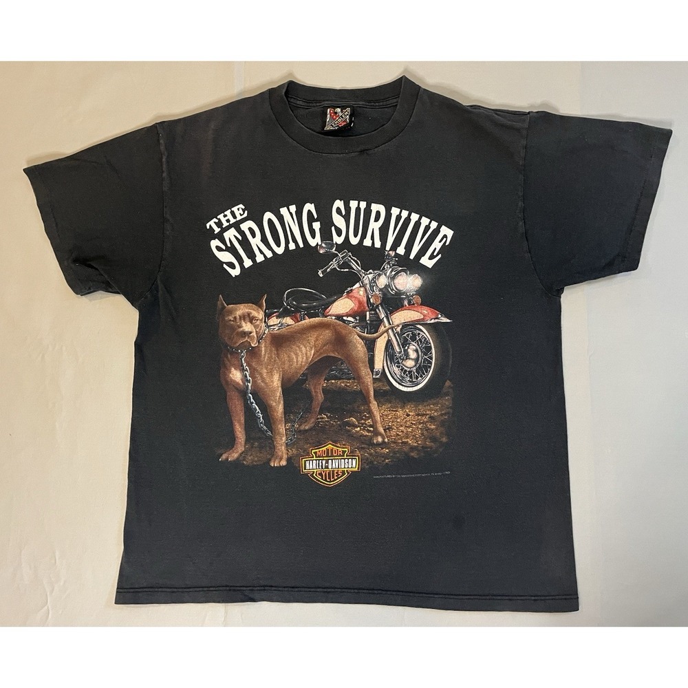 Vntge Harley Davidson T Shirt 3D Emblem Pit bull Strong Survive Niagara Falls  L